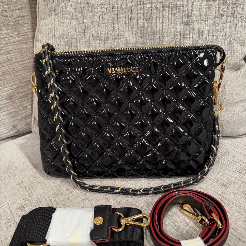 ⭐️ MZ WALLACE Crosby Pippa crossbody  Bag In Black Lacquer/gold NEW  3 straps - Picture 16 of 16